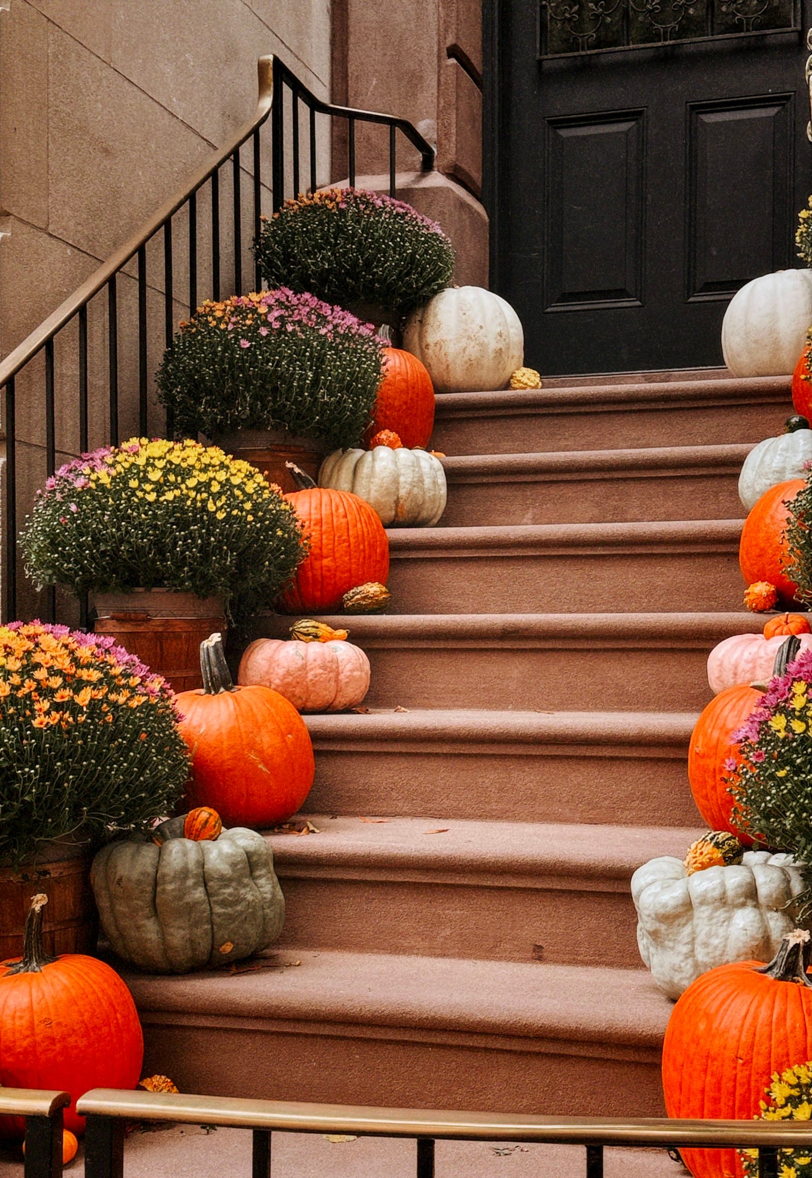 Een trap naar een voordeur versierd met oranje en witte pompoenen en herfstbloemen, een sfeerbeeld bij koekjes bestellen voor Halloween