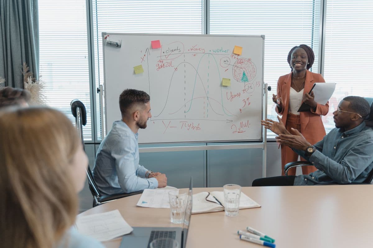 Collega's brainstormen enthousiast rond een whiteboard met grafieken en gele memoblaadjes tijdens een strategiesessie op een heidag