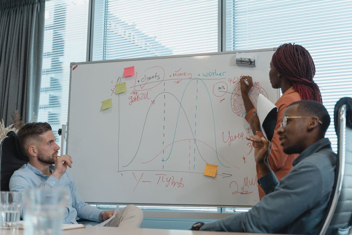 Een divers team overlegt geconcentreerd bij een whiteboard vol strategie tijdens een heidag in een lichte vergaderruimte