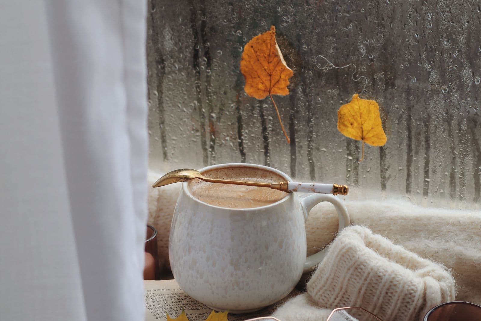 Dampende mok bij een beregend raam met herfstbladeren en een wollen trui op een grijze najaarsdag