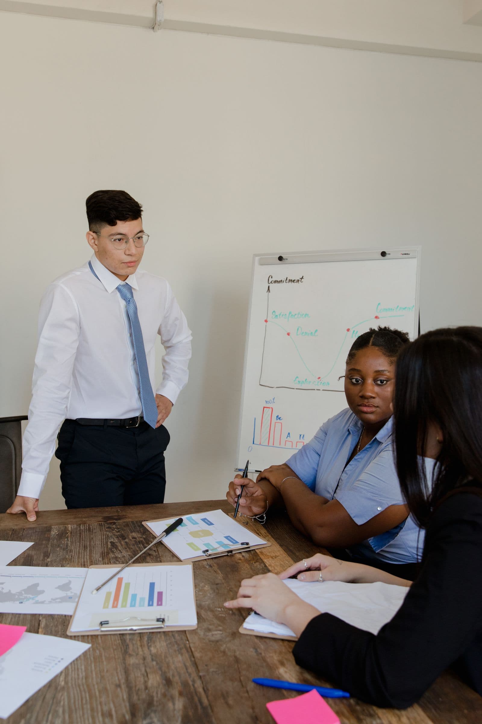 Een collega presenteert het plan voor het jaar op een whiteboard terwijl het team meekijkt, een beeld bij koekjes bestellen voor een kick-off