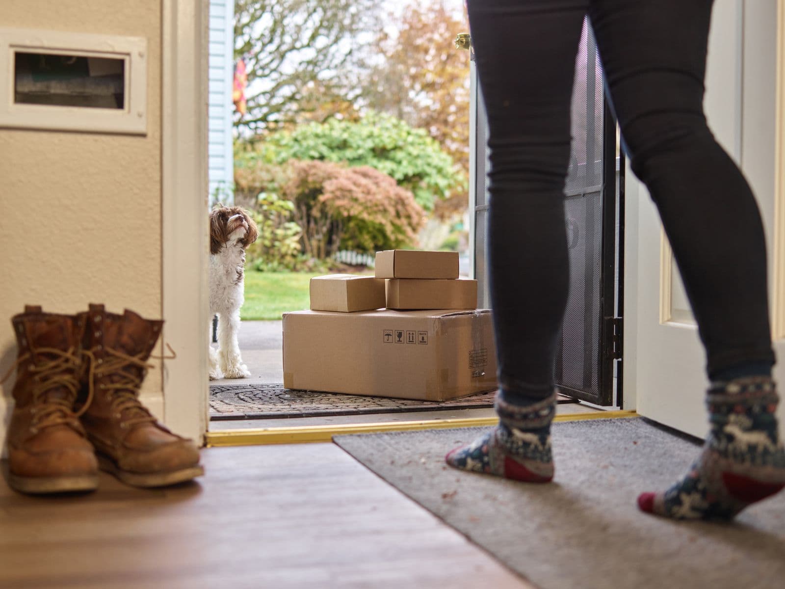Een bezorgd pakketje op de mat bij de voordeur van een woning, een beeld bij koekjes die bij een thuiswerker worden thuisbezorgd