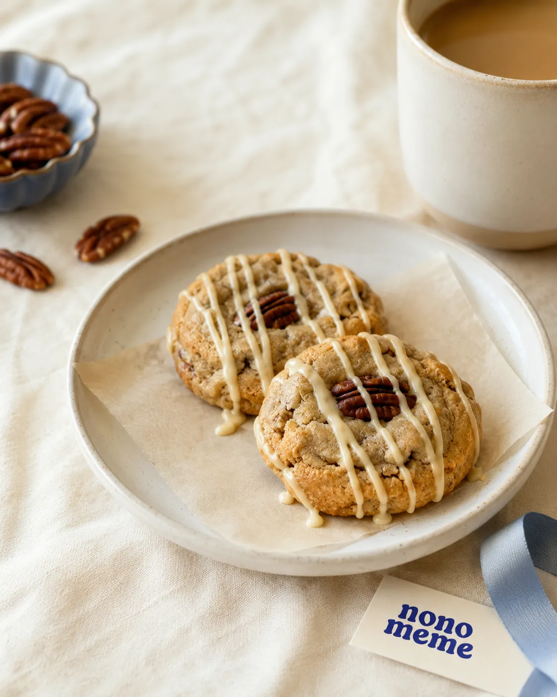 Twee handgemaakte nonomeme koekjes met pecan op een bordje, met kaartje en blauw lint als cadeau